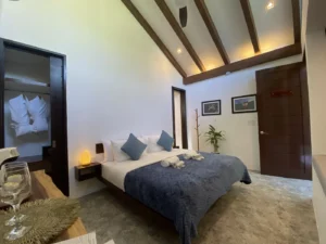 The Superior King Room at Amila Dive Beach Resort is a cozy bedroom with a modern design, featuring a bed adorned with blue pillows and a blue quilted blanket. The room boasts a vaulted ceiling with exposed wooden beams, soft lighting, framed pictures on the wall, and a potted plant beside the door.