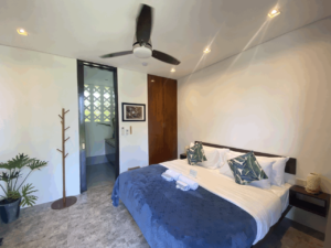 A modern King Garden Room at Amila Dive Beach Resort features a large bed with a blue and white duvet and leaf-patterned pillows. A ceiling fan spins above the bed, and there's a coat rack, potted plant, and an open door to a bathroom with a frosted glass wall. The room is well-lit and inviting.