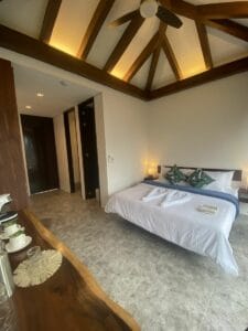 The King Birdview Room at Amila Dive Beach Resort is a well-lit bedroom with a vaulted ceiling. It features a large bed with white linens and green decorative pillows, accompanied by a wooden headboard and bedside tables with lamps. A dark wooden dresser holds various amenities, and the floor is tiled in gray.