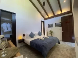 A modern Superior King Room at Amila Dive Beach Resort features a king-sized bed with white linens and blue throw pillows. Wooden beams adorn the high ceiling, complemented by two bedside tables, a closet, artwork on the walls, and a potted plant by the door. A table with wine glasses is in the foreground.