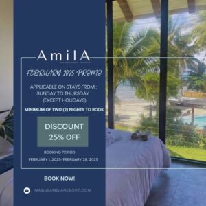 Promotional Poster For Amila Resort's Weekday Promo In February 2025 Features A Clear Window View Of Palm Trees And A Pool. Text Outlines: 25% Discount On 2 Night Stays, Sunday To Thursday, February 1 28, 2025. Booking Details Included.