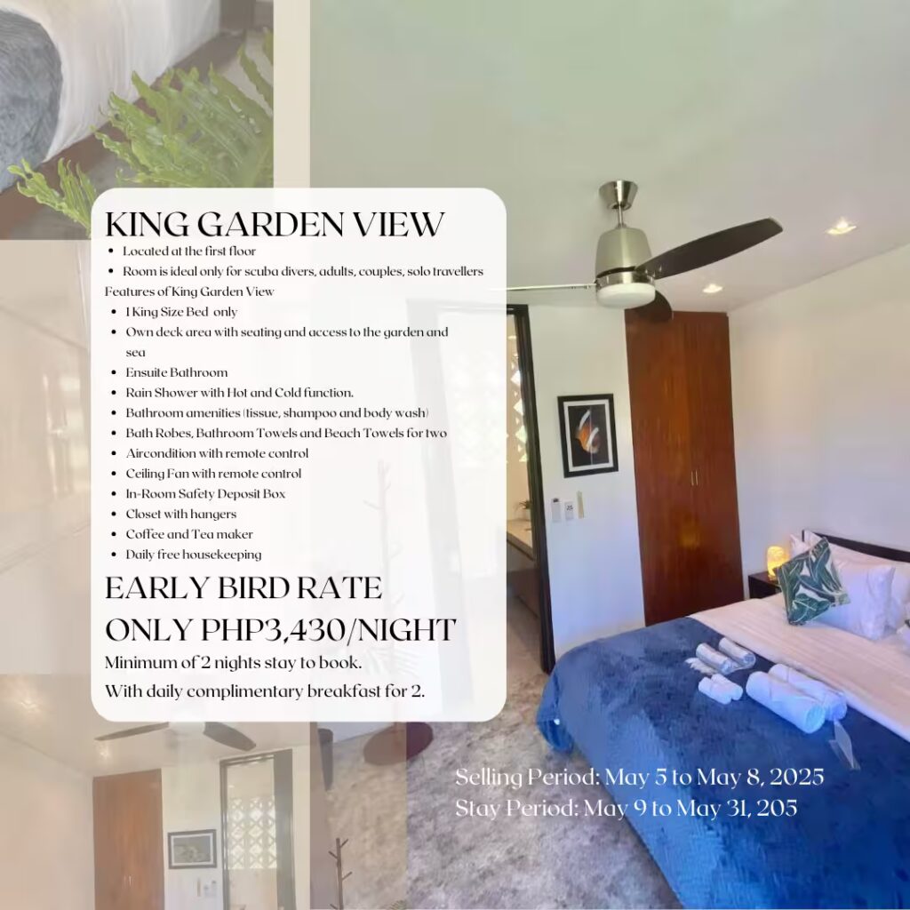 A bright resort room with a large bed, white linens, blue and gold accents, a window showing a garden view, and a text overlay detailing the room features, rates, and stay periods for a King Garden View room.