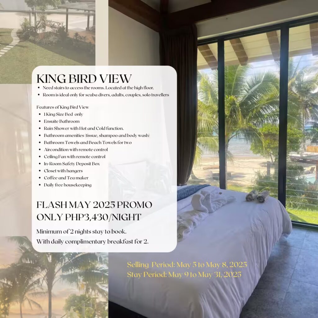 A sunlit resort room with a large bed, glass doors opening to a patio with palm trees, and flyer text overlay detailing the "King Bird View" promo, room features, and rates for May 2025 at PHP3,430/night.
